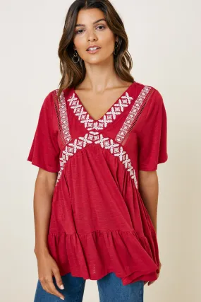 LaserCutVents Tencel Blend Fabric Embroidered Ruffle Hem Tunic