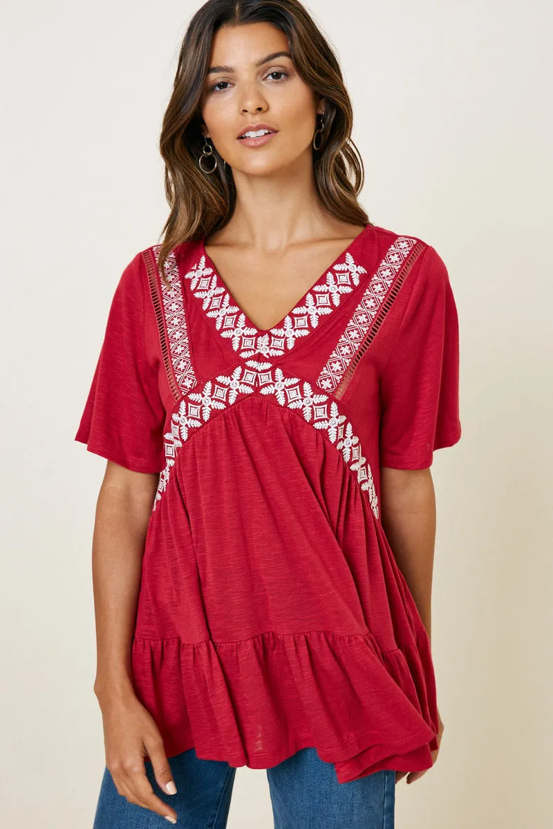 Embroidered Ruffle Hem Tunic Sporty Tee DoubleLayered Neckline