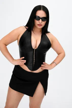 MARA CORSET - BLACK VEGAN LEATHER ReinforcedHem