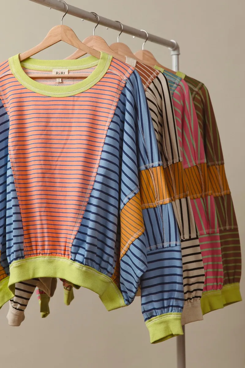 WrinkleFree Weave Two Tone Weave IT1842R-01 | STRIPE MIXED AND MATCH LOOSE FIT TOP