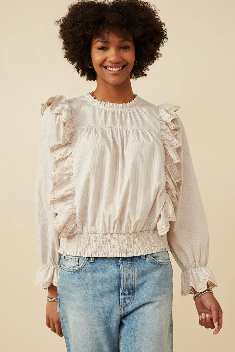 Scallop Lace Detail Ruffled Poplin Top Anti Fade Technology FlexibleWaistband