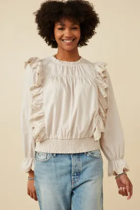 Scallop Lace Detail Ruffled Poplin Top Anti Fade Technology FlexibleWaistband