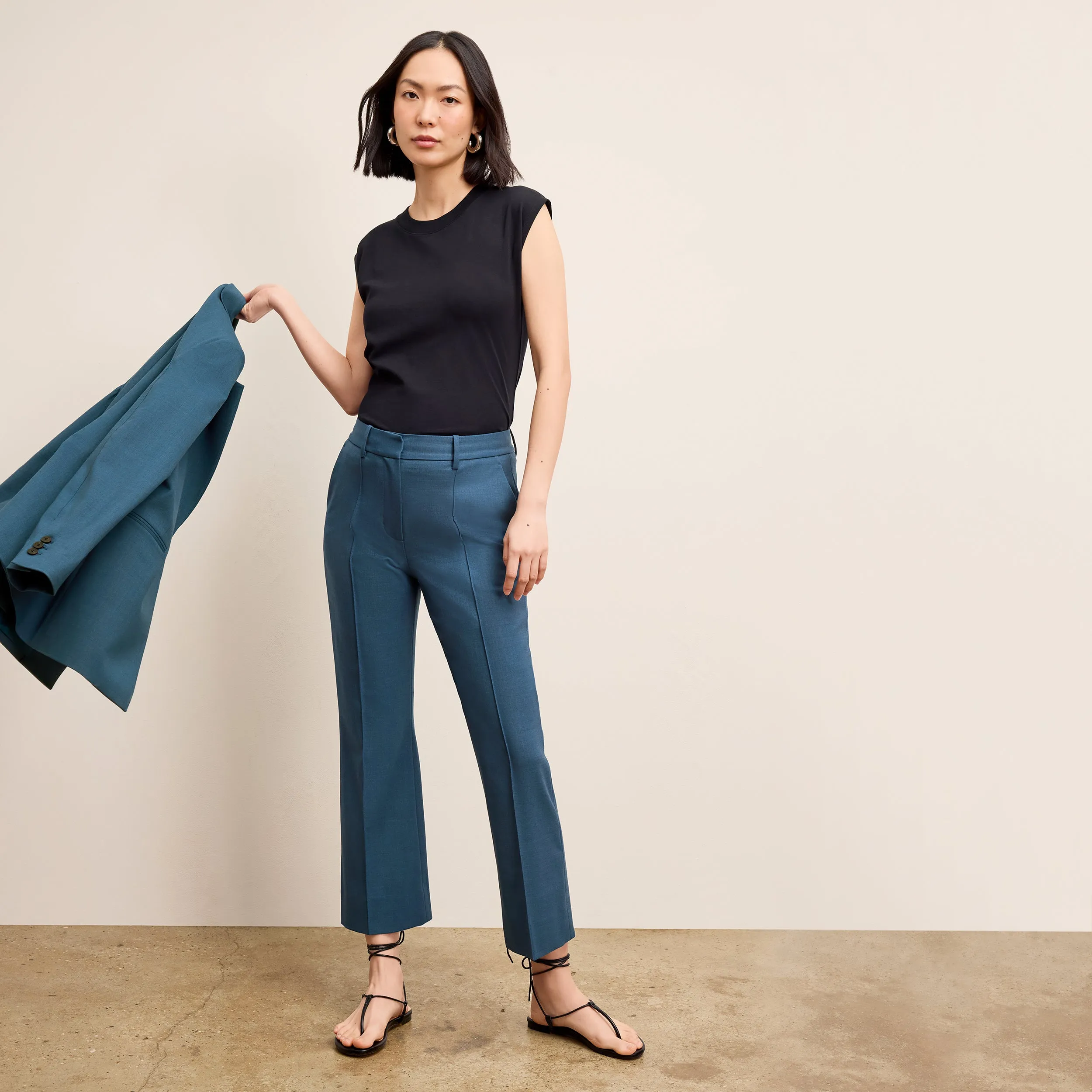 Recycled Polyester Fabric Casual Jacket Tessa Kick Flare Trouser - Washable Wool Twill :: Bluebell Heat Regulating Lining