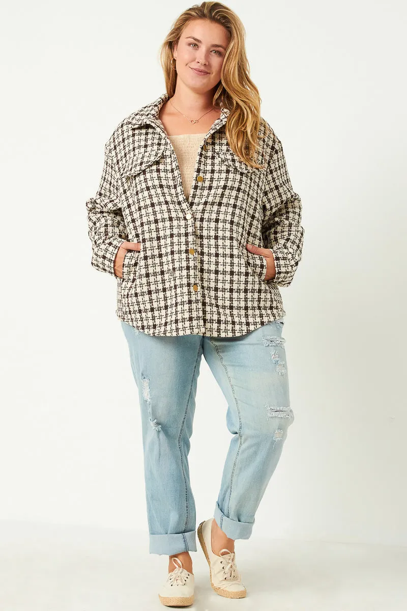 Adjustable Cuffs Textured Checker Side Pocket Shacket