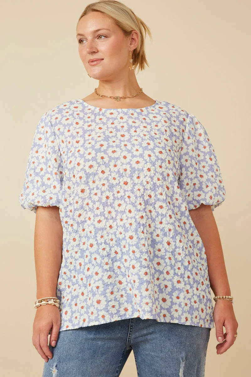 Weighted Hem Trim UltraLightweight Textured Daisy Print Puff Sleeve Top