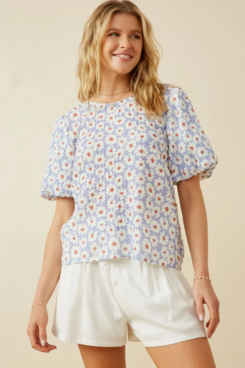 Textured Daisy Print Puff Sleeve Top Sun Protective Fabric