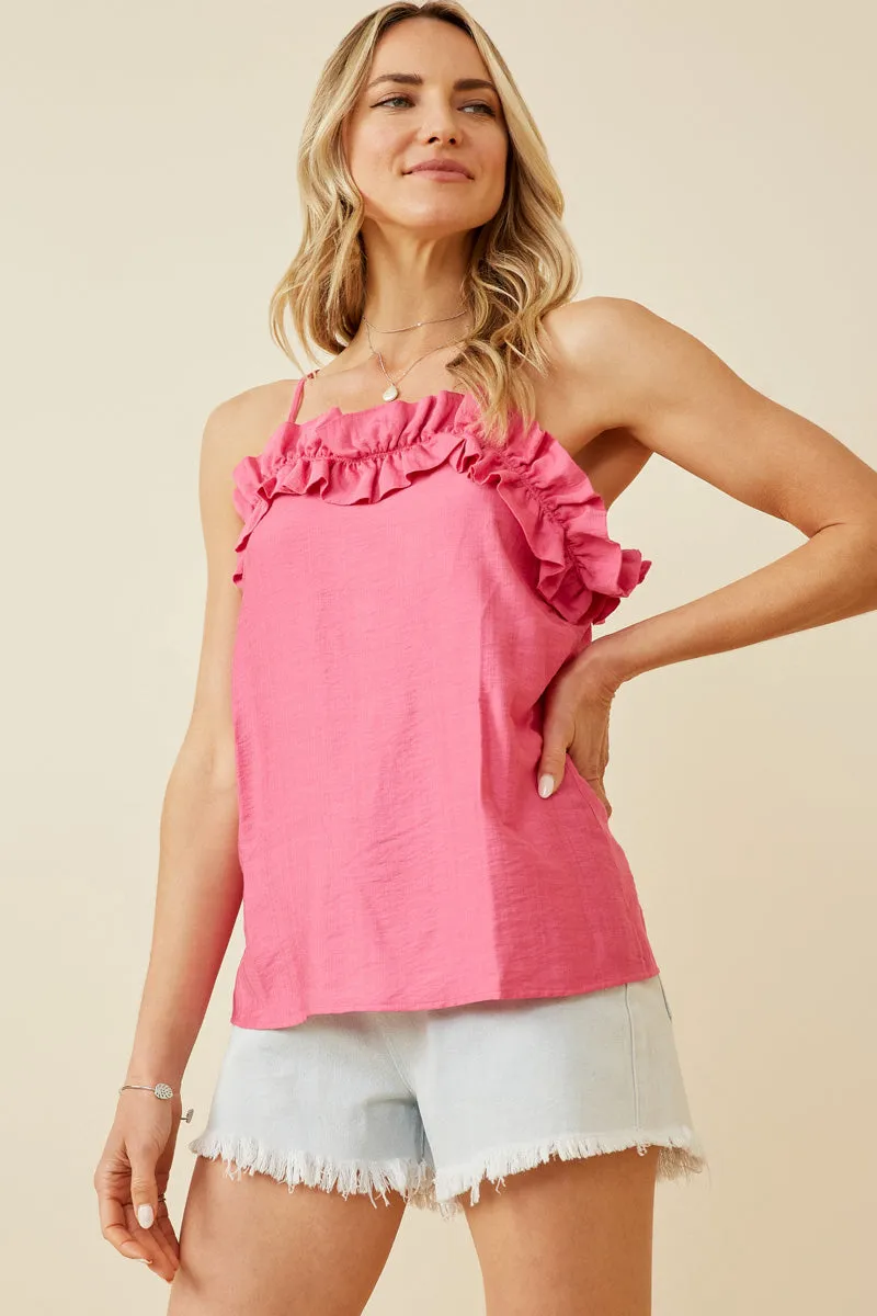 Drop Shoulder Textured Exaggerated Ruffle Cami Tank