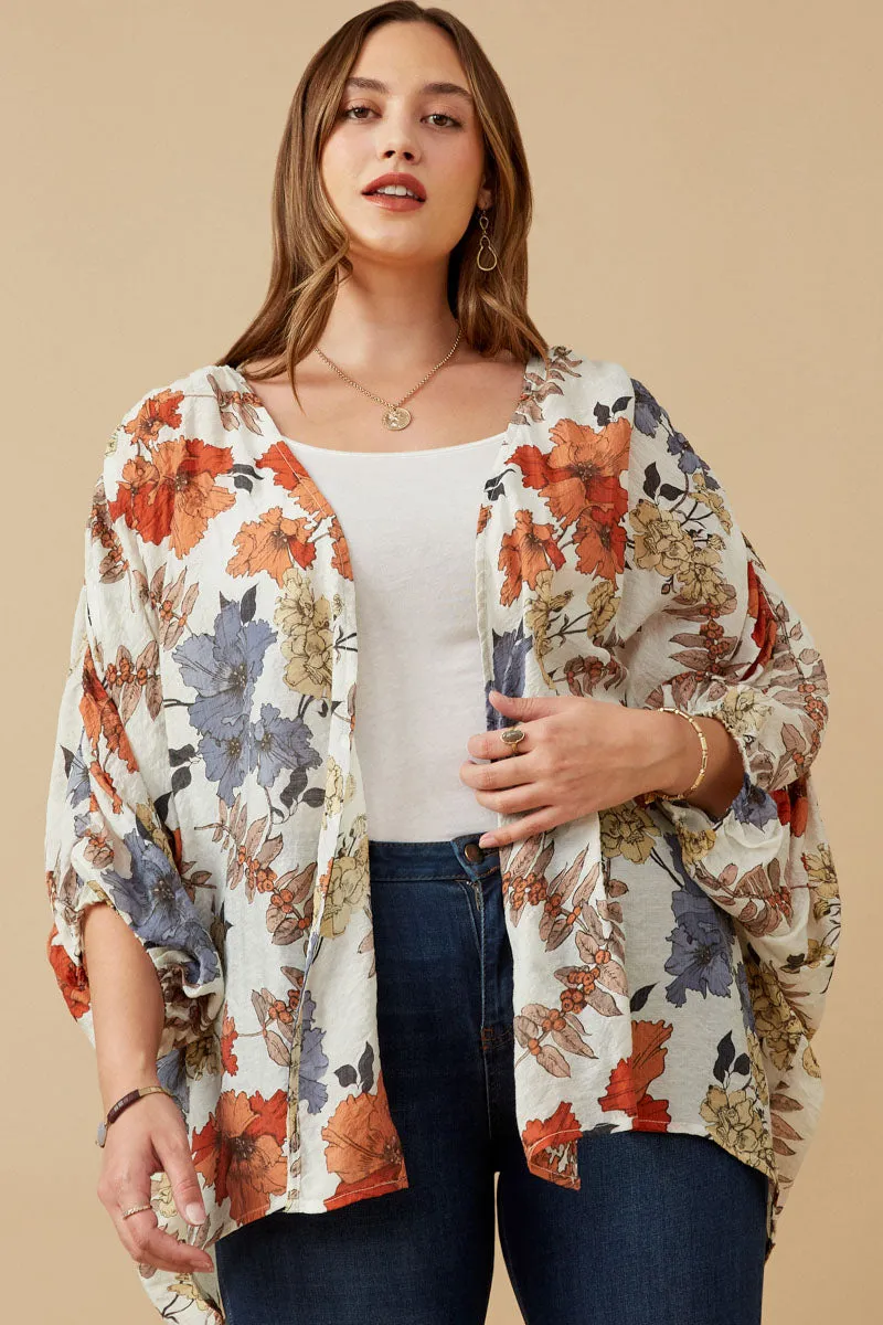 Textured Floral 3/4 Sleeve Open Kimono Comfy Fit Heat Retention