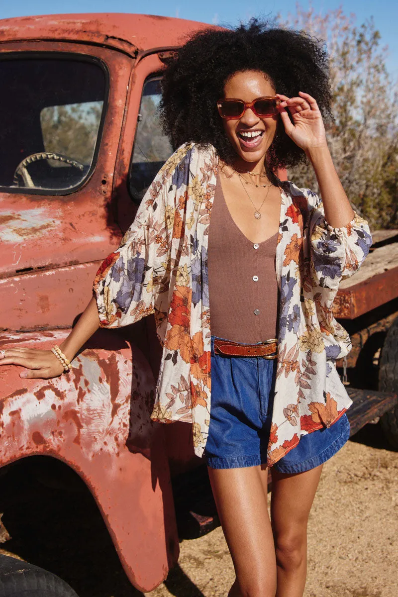 Reinforced Zippers Textured Floral 3/4 Sleeve Open Kimono