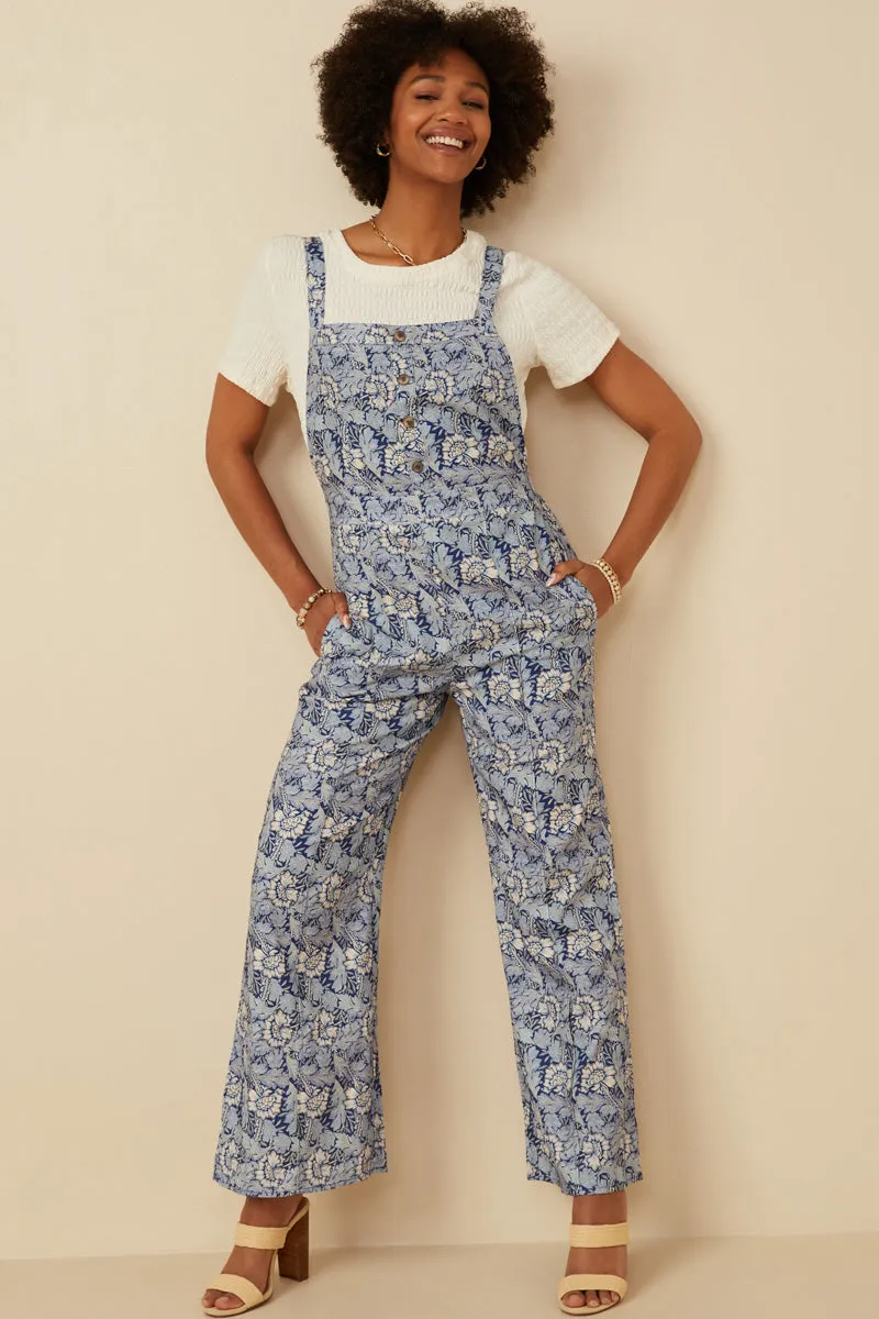 Layered Fabric Textured Floral Print Wideleg Overall Jumpsuit
