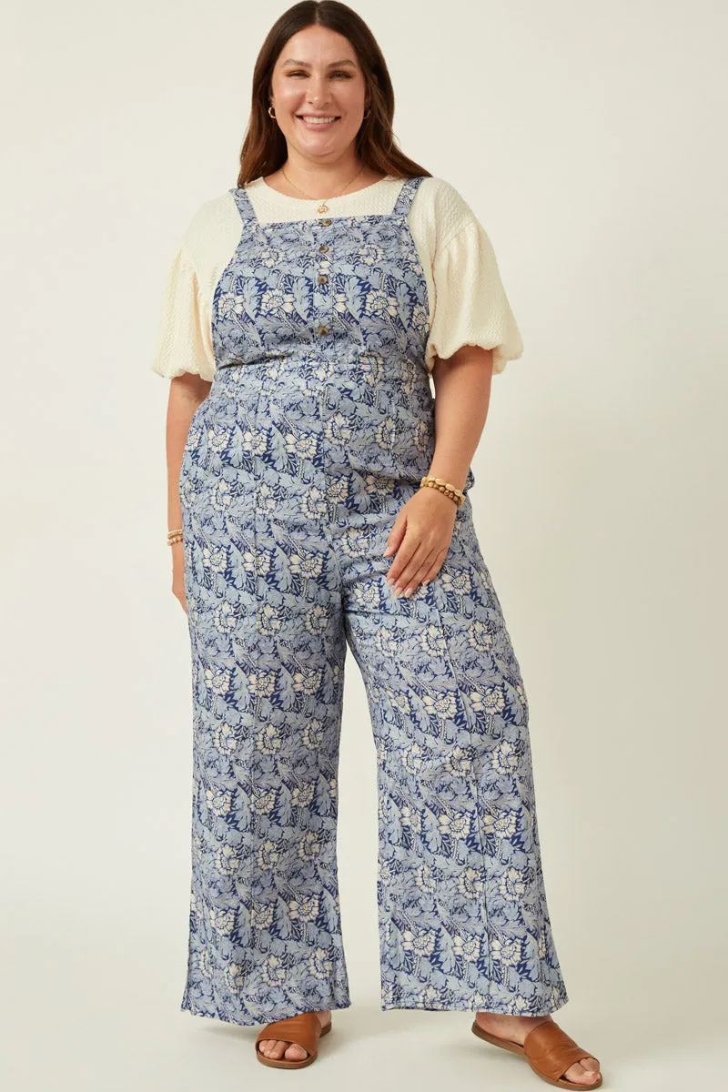 soft fit Relaxed Line Textured Floral Print Wideleg Overall Jumpsuit