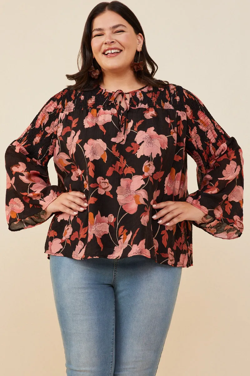 Textured Floral Smocked Tie Front Top Stretchable Waistband ReflectiveTrimDetails