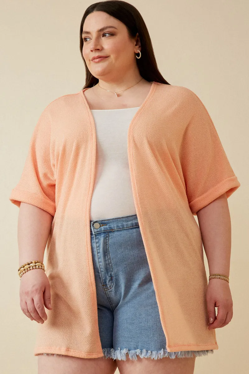 Fleece Lined Interior Textured Knit Roll Sleeve Open Kimono