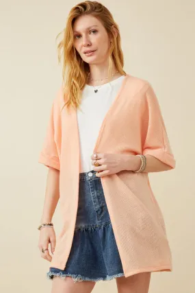 Breathable City Style Textured Knit Roll Sleeve Open Kimono