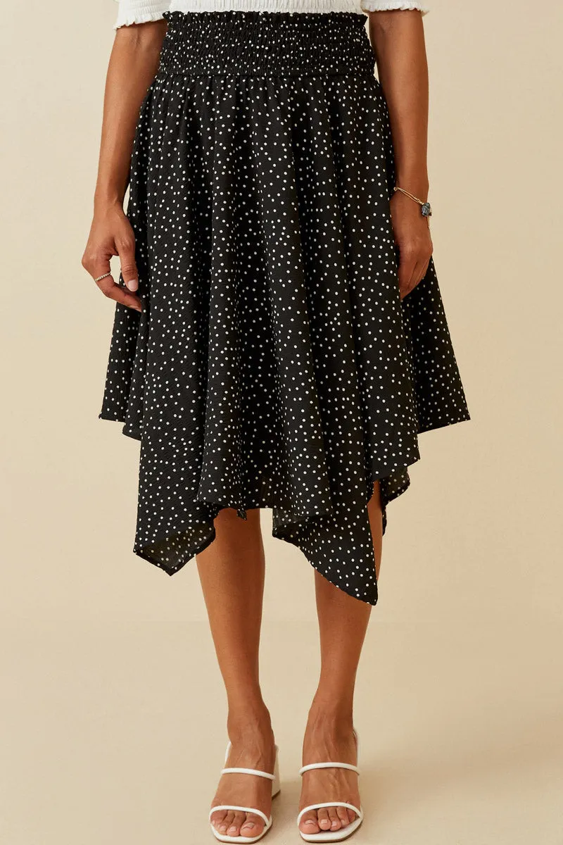 Functional Ease Textured Polka Dot Smocked Waist Handkerchief Hem Skirt