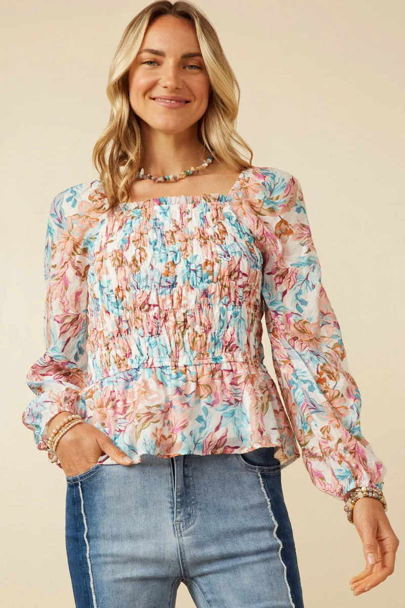 Thermochromic Color Shift Tech Textured Satin Smocked Botanical Top