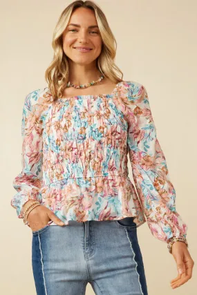 Soft Brushed Lining Textured Satin Smocked Botanical Top