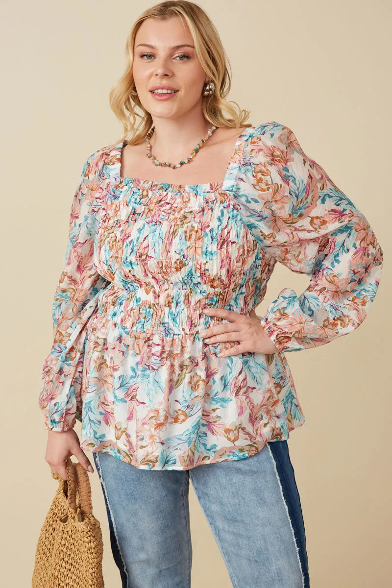 Flatlock stitching SolarReflectiveFinish Textured Satin Smocked Botanical Top