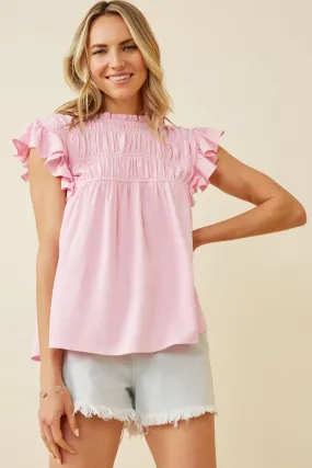 NonPill Surface Treatment Odor Resistant Textured Smocked Ruffle Detail Tank