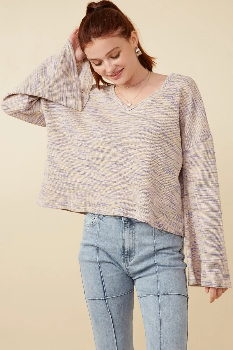 Warm Fabric Textured V Neck Drop Shoulder Marled Knit Top