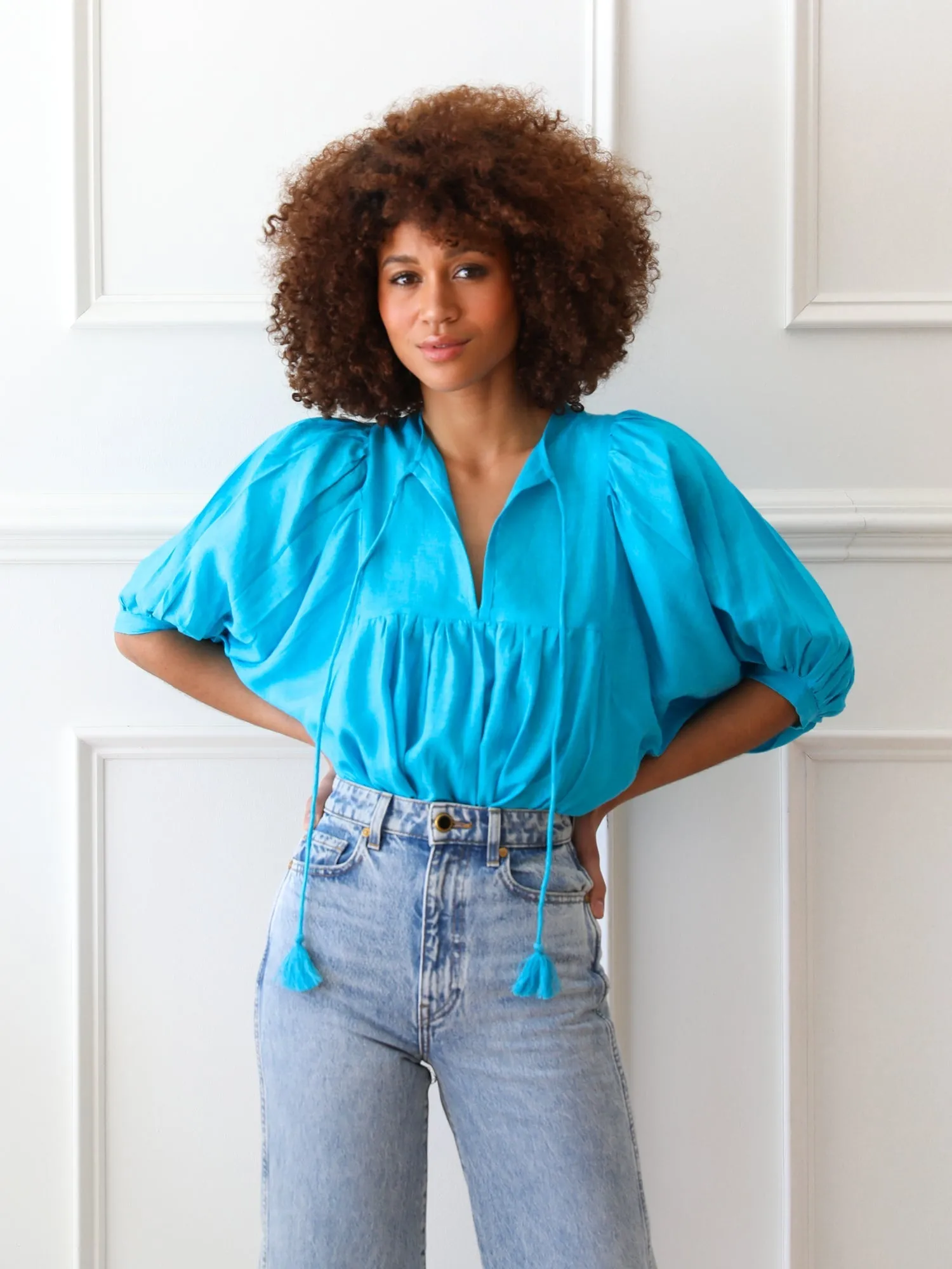 Thalia Top in Aqua Linen Sustainable Production Certified