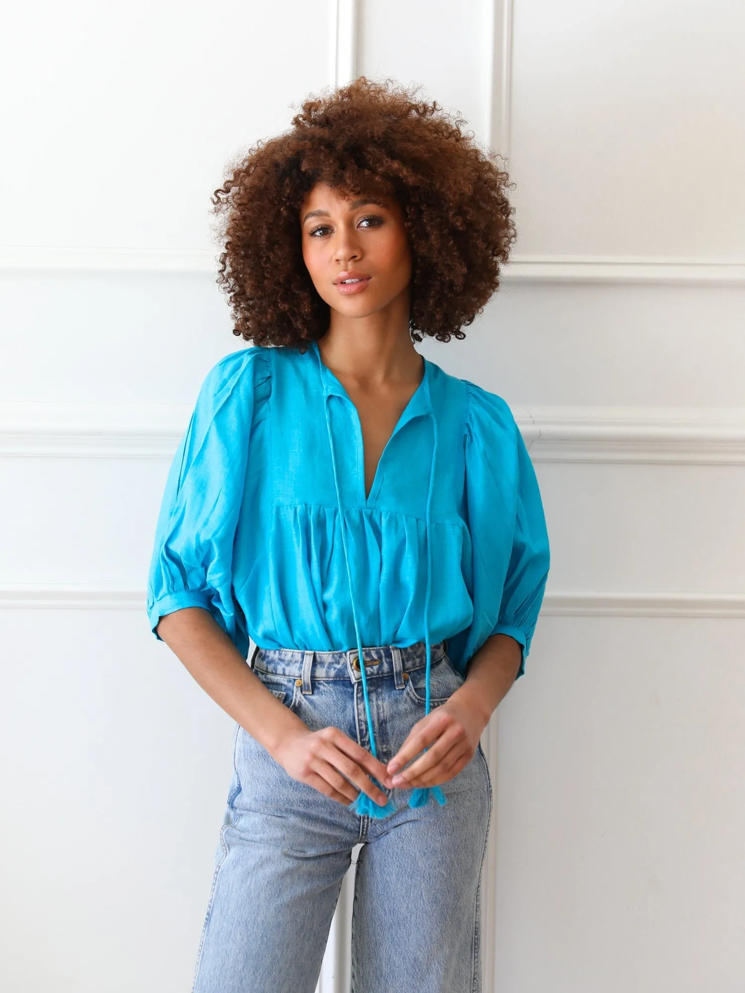 Thalia Top in Aqua Linen Versatile Style