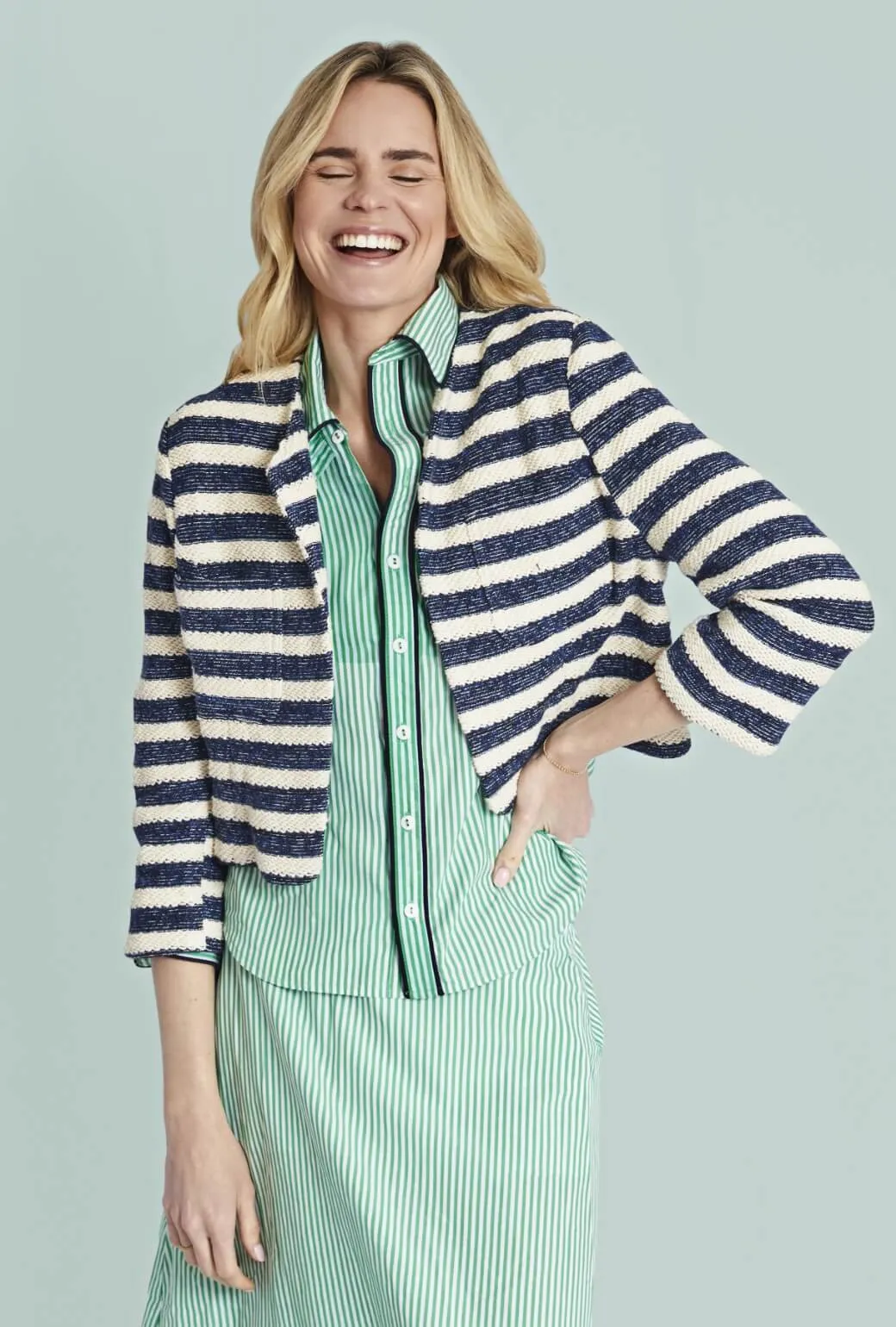 The Perry Blouse - Green Stripe ContrastStitching Modern Polo