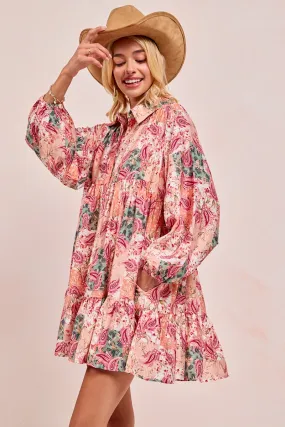 TearResistantOuter ID2029G-05 | FLORAL PAISLEY PRINT HALF BUTTONED SHIRT DRESS