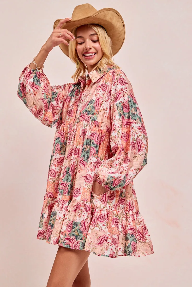 TearResistantOuter ID2029G-05 | FLORAL PAISLEY PRINT HALF BUTTONED SHIRT DRESS
