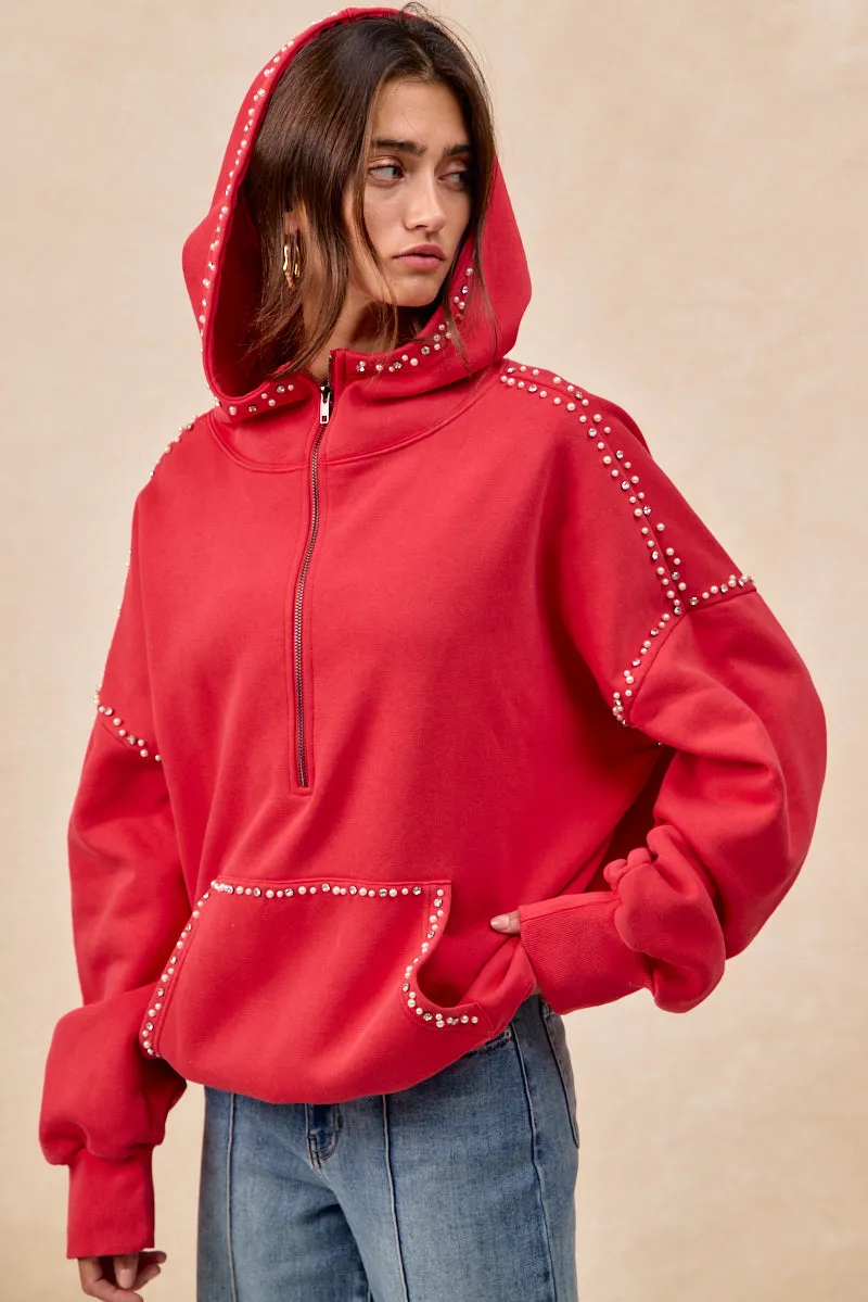 IP8347S-60 | BRUSHED TERRY HALF ZIP UP HOODIE TOP WITH JEWELED High Density Knit LightweightWeave