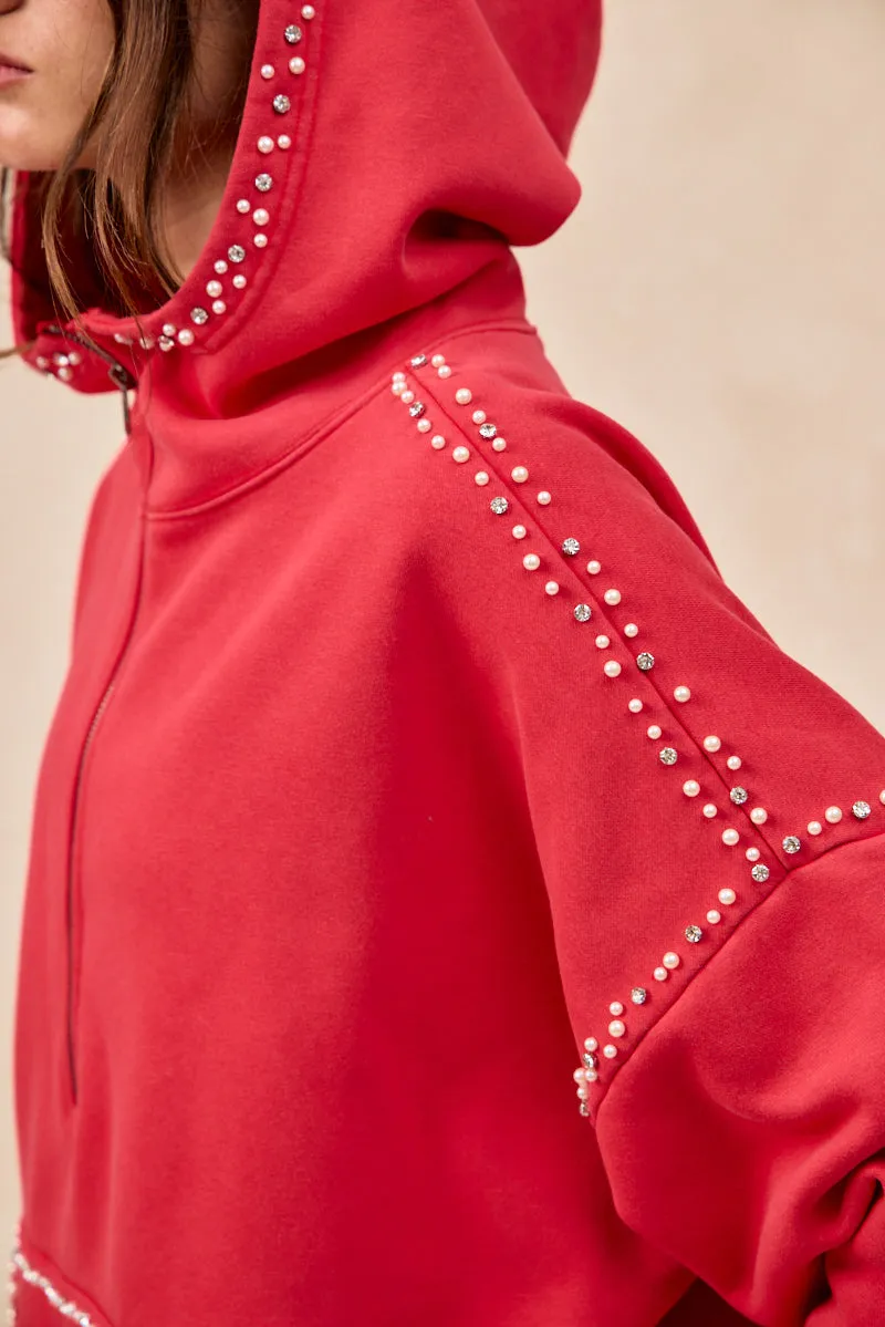 IP8347S-60 | BRUSHED TERRY HALF ZIP UP HOODIE TOP WITH JEWELED Weighted Hem Trim Long Sleeve Polo