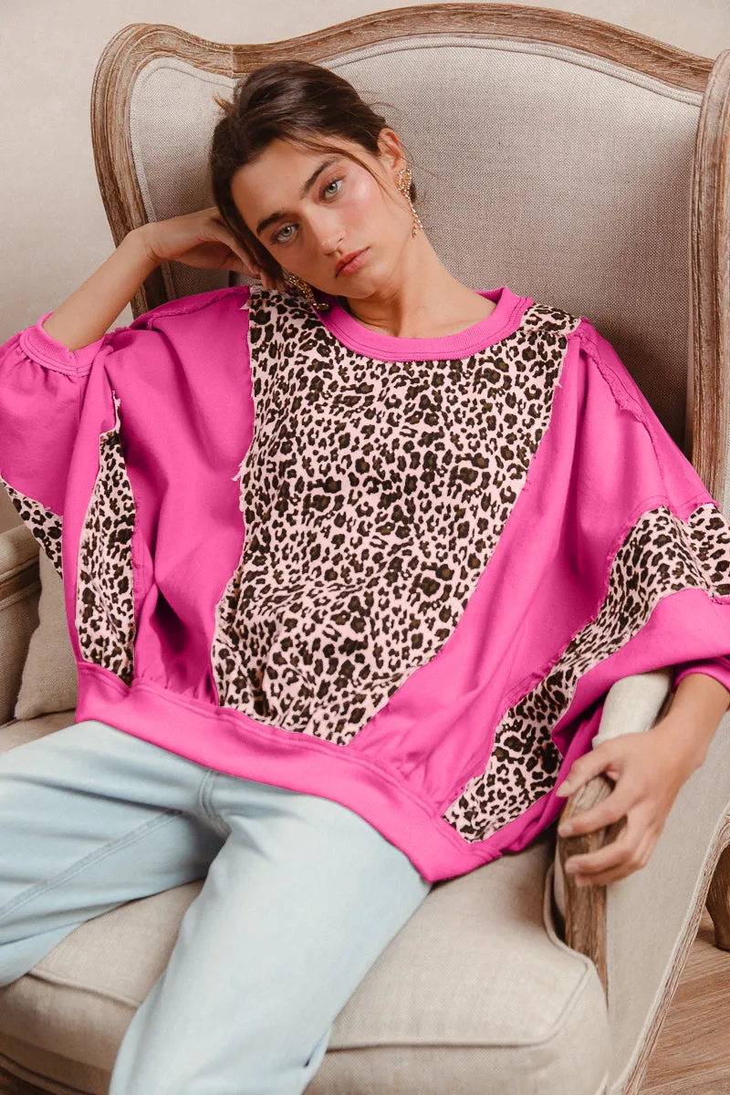 IT3811R-01 | WASHED LEOPARD AND LT DENIM MIXED LOOSE TOP WITH CONTASRT STITCH Abrasion Resistant Finish