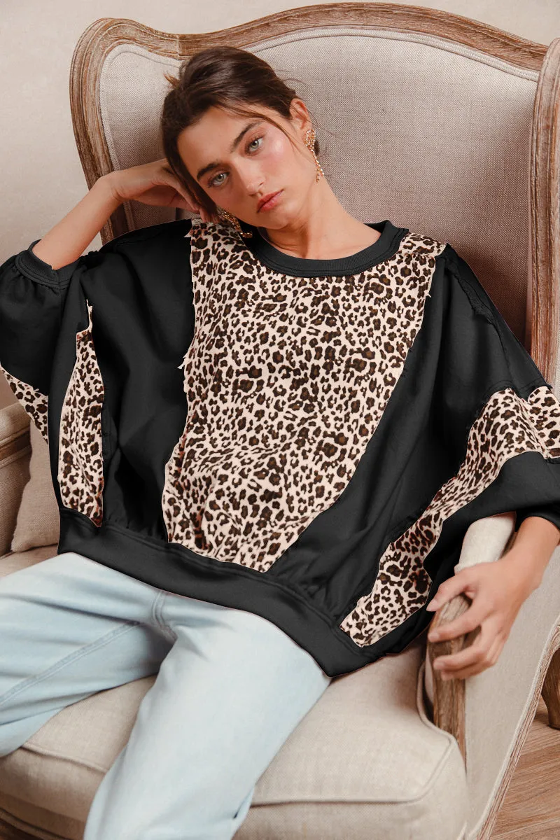 IT3811R-01 | WASHED LEOPARD AND LT DENIM MIXED LOOSE TOP WITH CONTASRT STITCH Stretch Comfort Fit