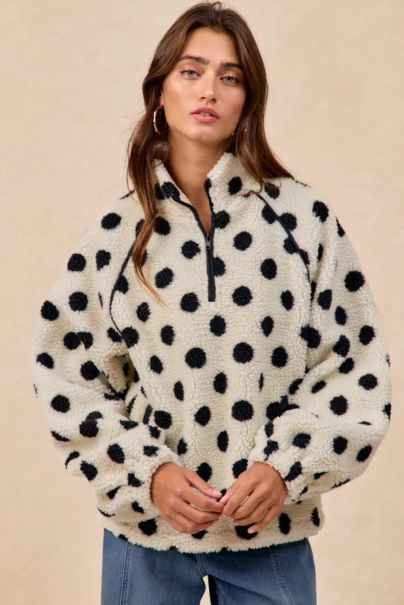 IT4755S-02 | POLKA DOT SHERPA HALF ZIP UP TOP WITH SIDE POCKET MultiDirectionalStretch