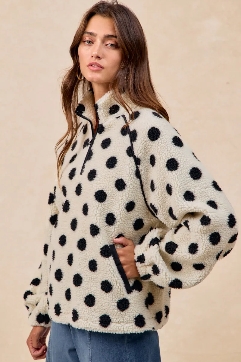 IT4755S-02 | POLKA DOT SHERPA HALF ZIP UP TOP WITH SIDE POCKET Resilient Elasticity Loose cut