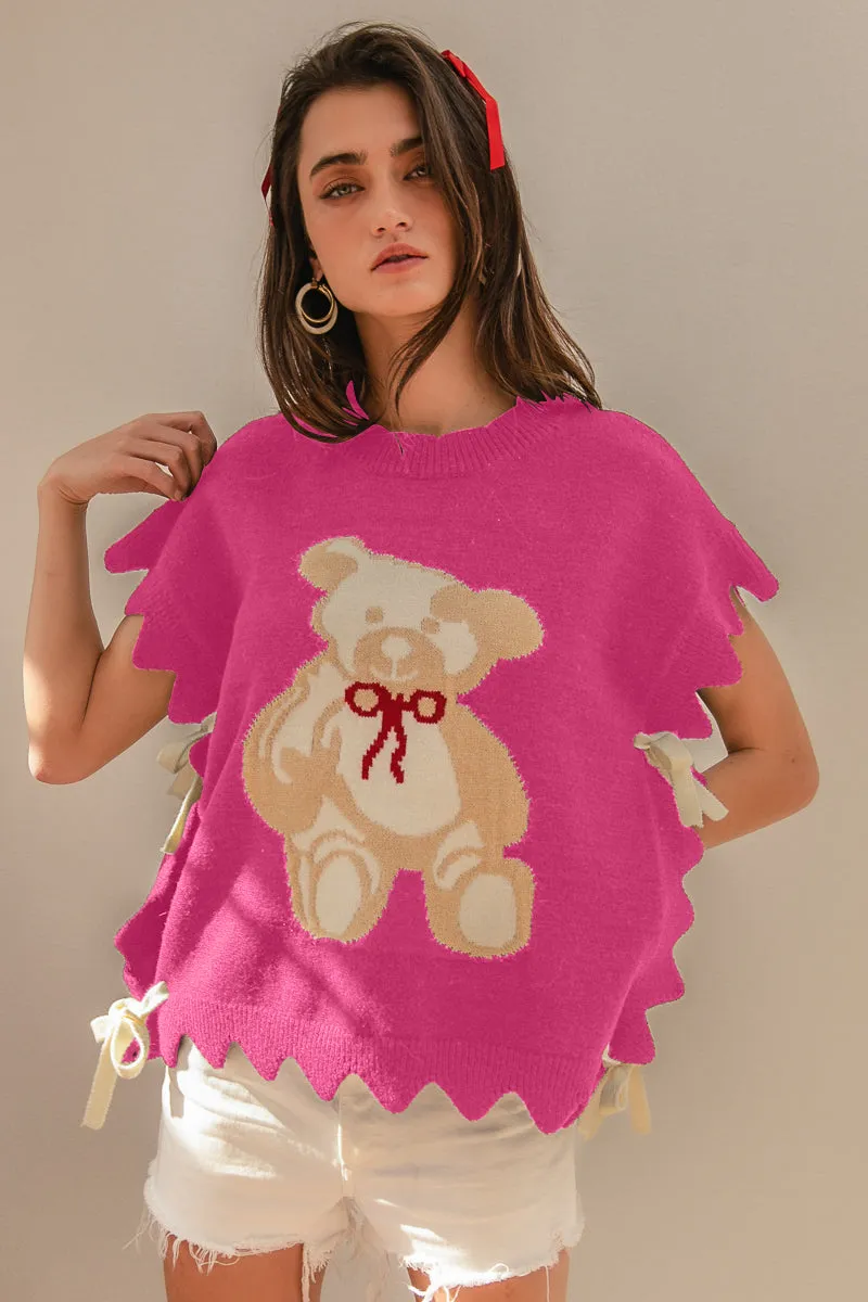 IT2337R-05P | SIDE TIE TEDDY BEAR SWEATER TOP WITH SCALLOP DETAIL Eco Friendly Recycled Material