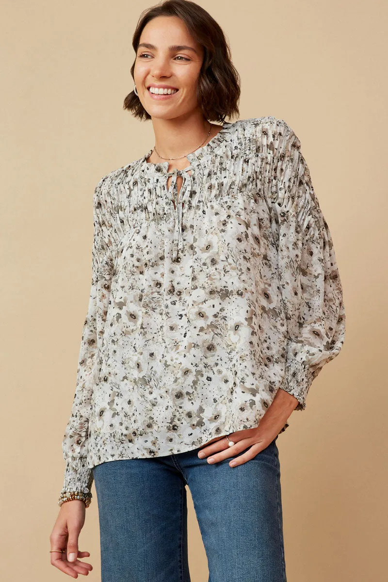 Ultrasoft Inner Lining Tie Front Smocked Detail Floral Top