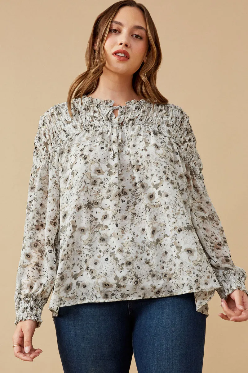 Tie Front Smocked Detail Floral Top Anti Pilling Technology