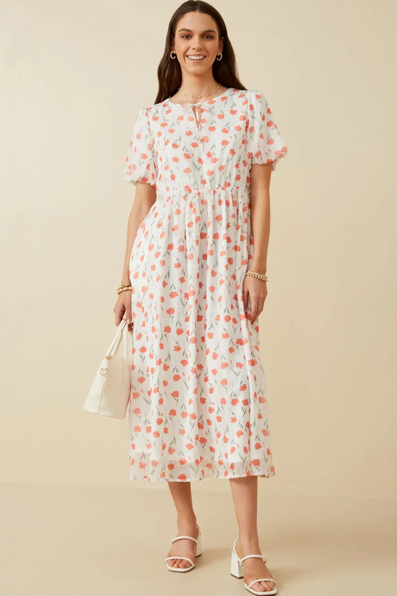 Smooth Finish Tie Neck Floral Puff Sleeve Dress