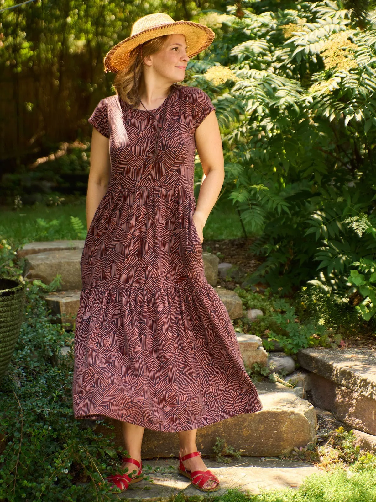 Interlock Knit FadeResistant Finish Tiered Jersey Dress - Tree Rings Blue