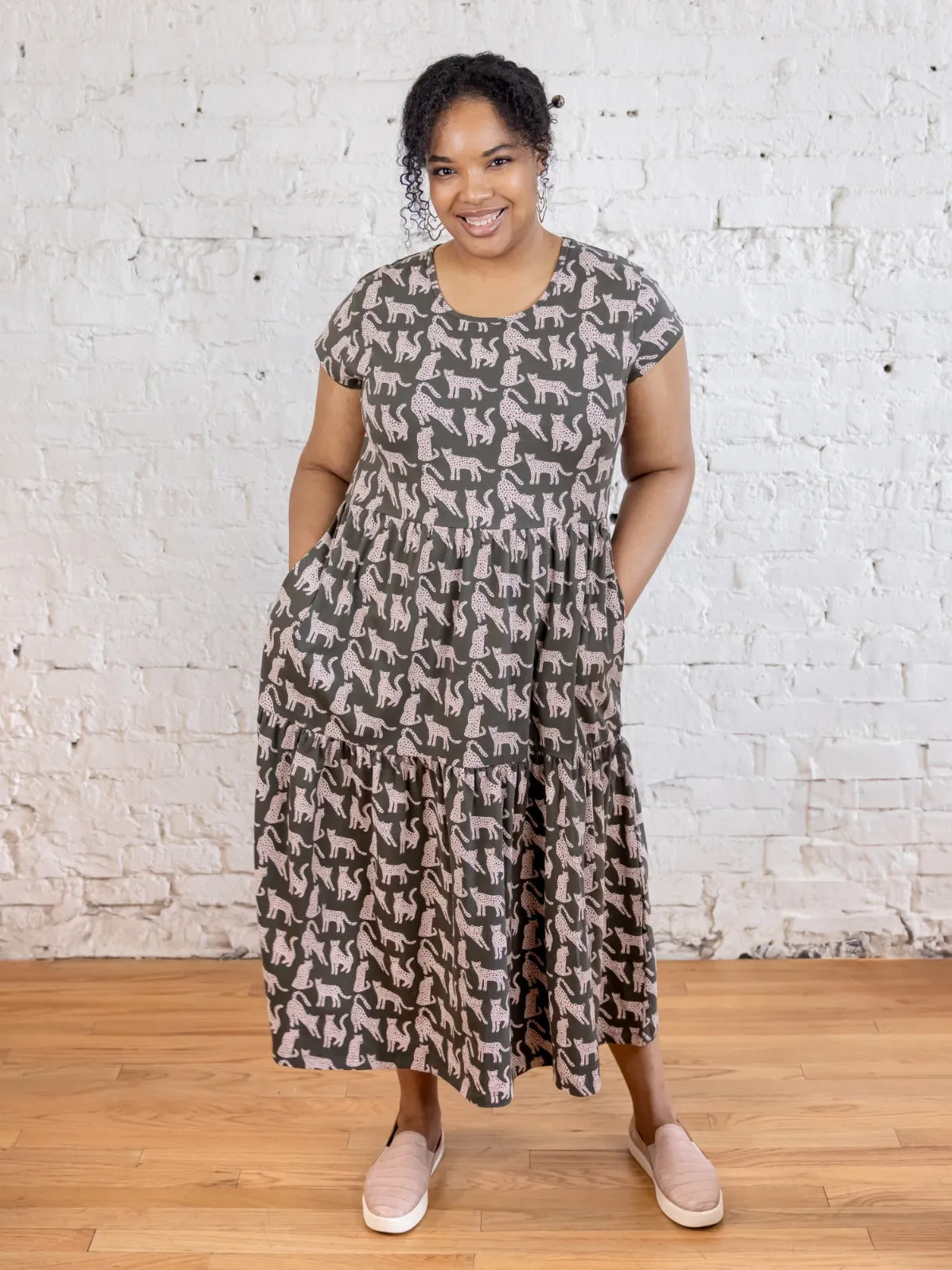 Tiered Jersey Plus Size Dress - Leopard Green NonChafingEdges FlexibleRibbing