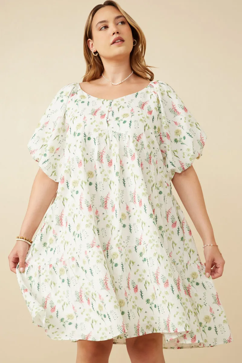 Textured Floral Button Detail Bubble Sleeve Dress Modern-style