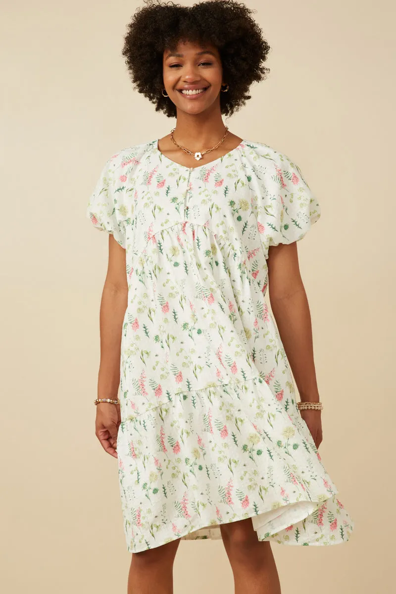 Textured Floral Button Detail Bubble Sleeve Dress Brunch Outfit Low Maintenance