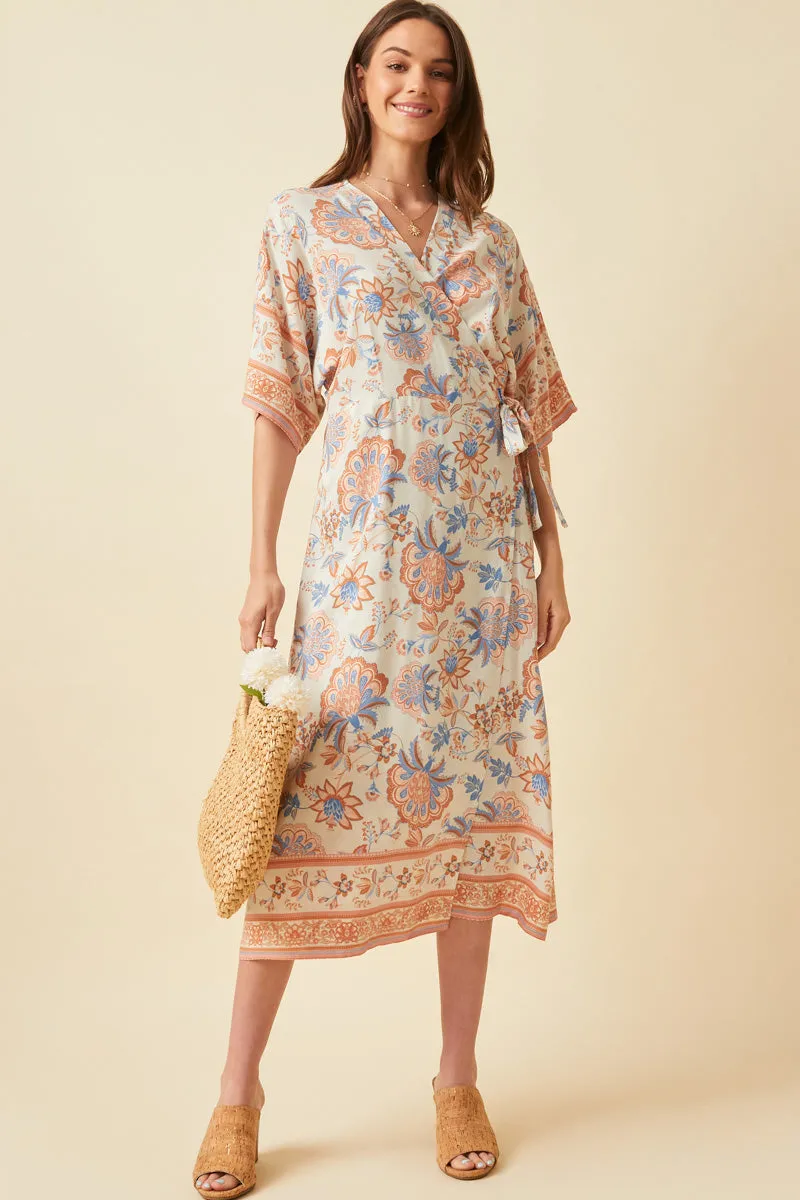 Border Print Side Tie Wrap Dress Sheer Light