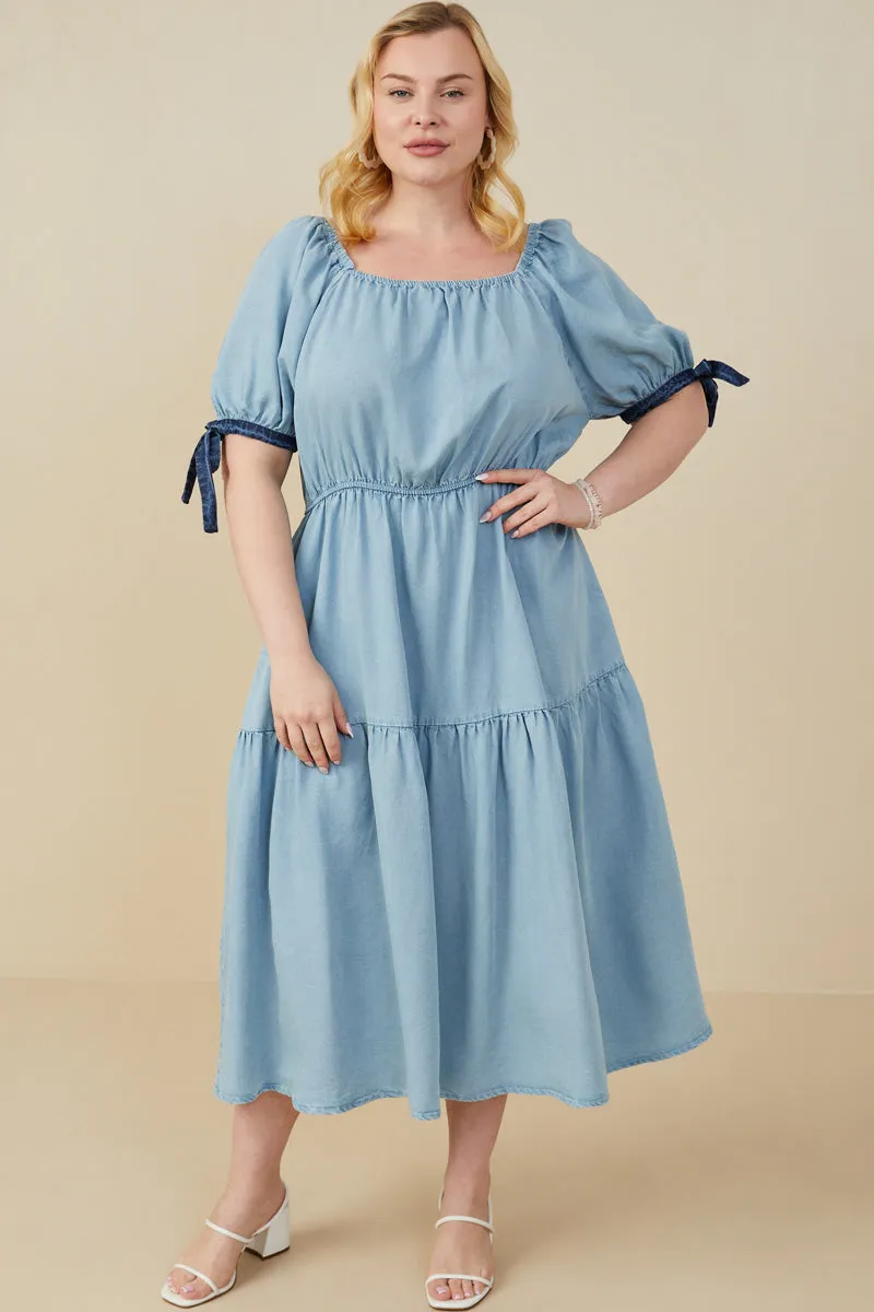 All weather Embroidered-Sleeve Contrast Tie Sleeve Washed Tencel Dress