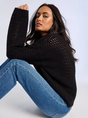 DurableBlend Rolled Hem Detailing Kitty Pullover in Black