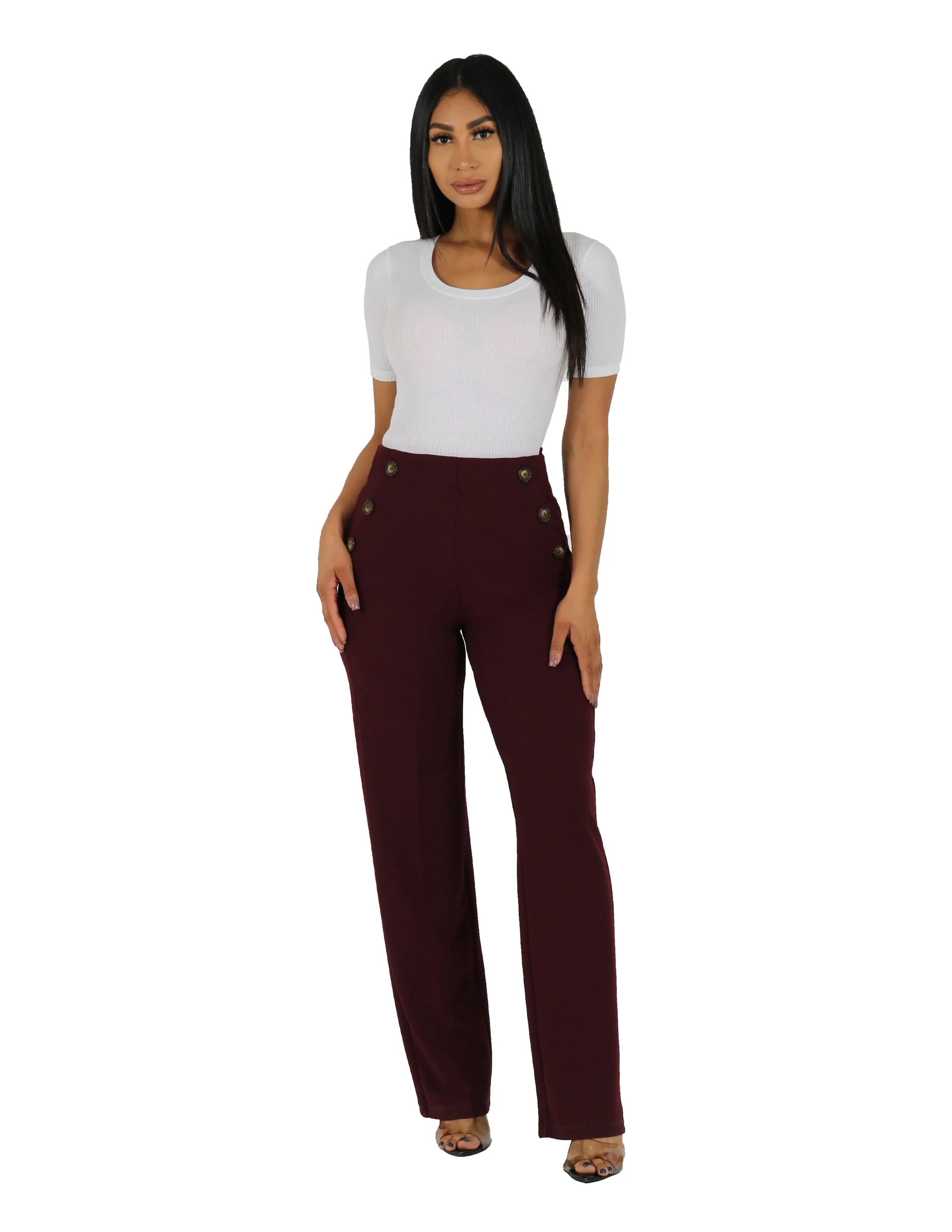 Street Comfort Too Busy Knit Crepe Wide Leg Pull On Pant with Horn Button Detail