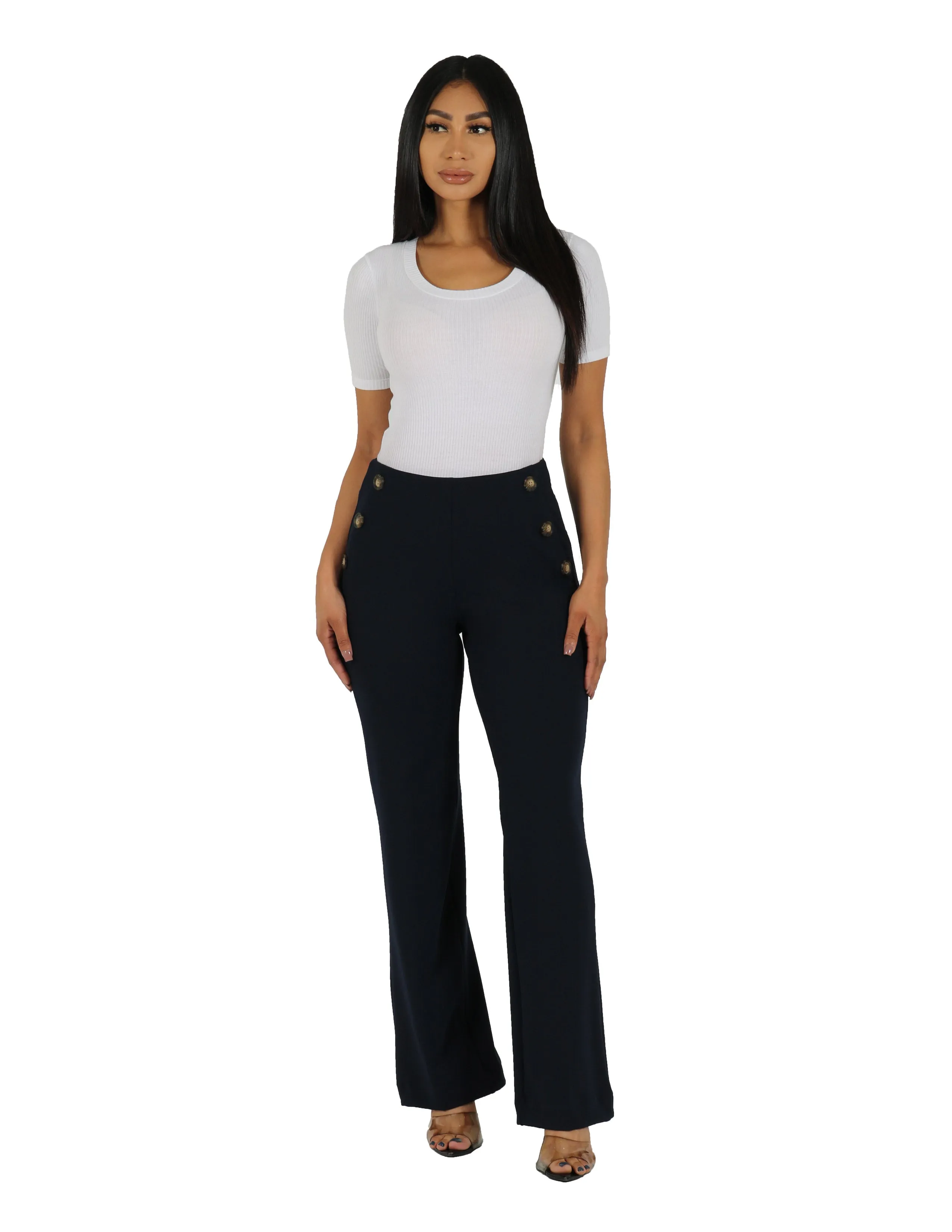 Anti Chafe Lining hypoallergenic material Too Busy Knit Crepe Wide Leg Pull On Pant with Horn Button Detail