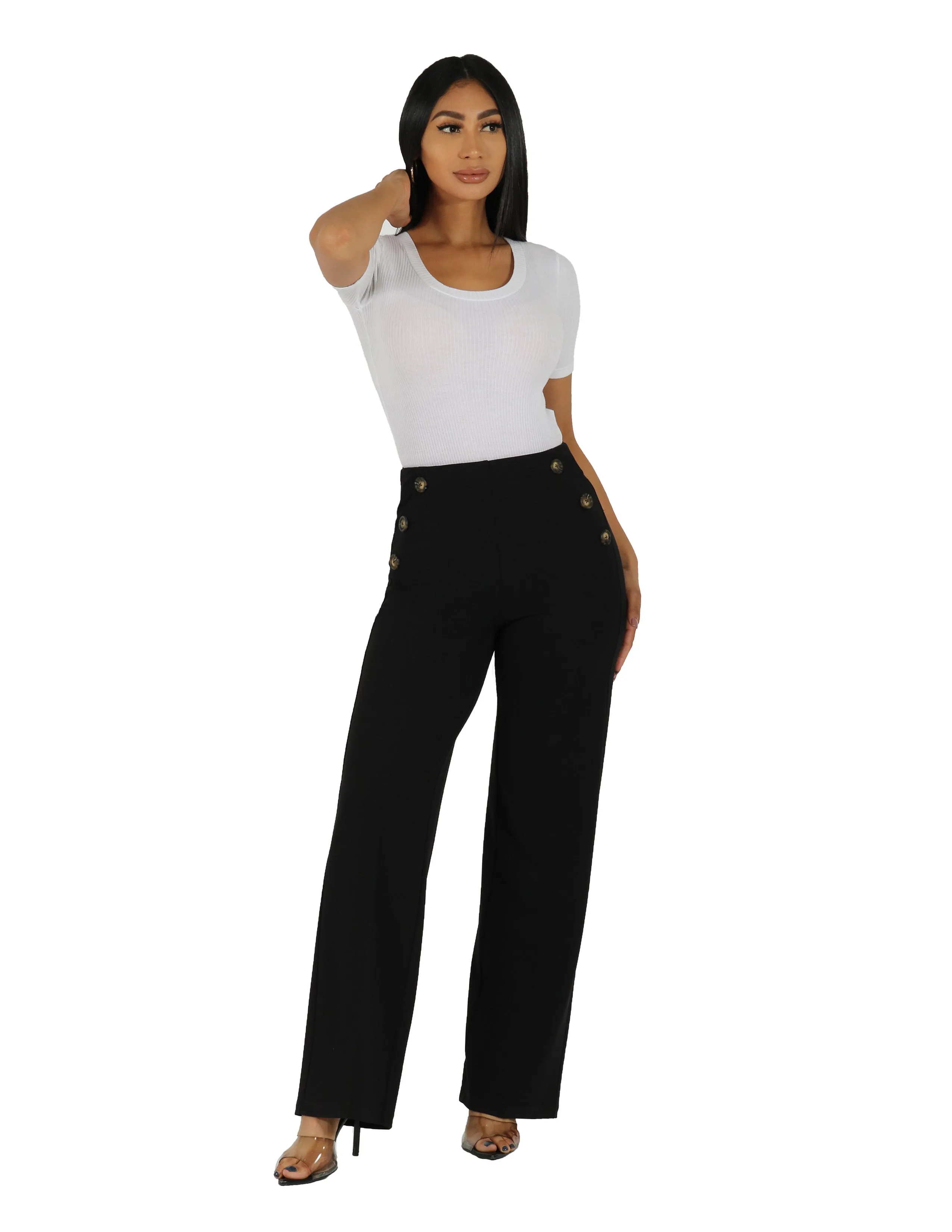Gusseted Crotch Basic Look Too Busy Knit Crepe Wide Leg Pull On Pant with Horn Button Detail