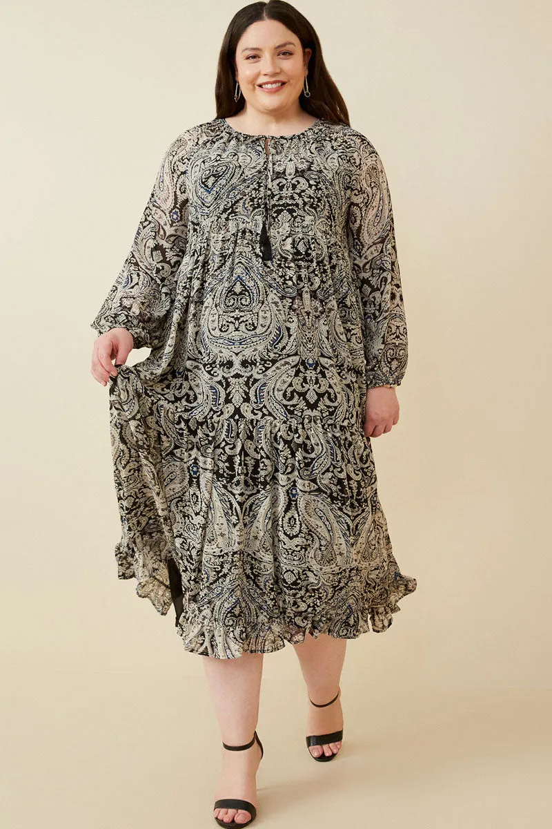 Paisley Print Long Sleeve Maxi Dress Warm Base Beaded-Edge